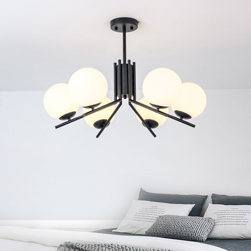 Milky Glass Global Semi Flush Modernism 6 Bulbs Black Ceiling Mount Light Fixture for Bedroom Black Clearhalo 'Ceiling Lights' 'Chandeliers' 'Close To Ceiling Lights' 'Close to ceiling' 'Glass shade' 'Glass' 'Semi-flushmount' Lighting' 324827