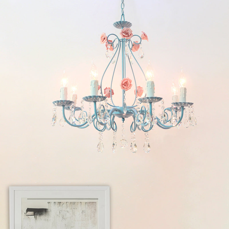 Pink/Yellow Candle Hanging Chandelier Traditional Clear Crystal 5/8 Lights Living Room Ceiling Pendant Clearhalo 'Ceiling Lights' 'Chandeliers' Lighting' options 324850