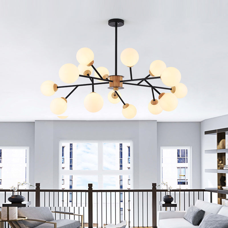 Milky Glass Sphere Hanging Chandelier Contemporary 6/15 Heads White/Black Suspended Lighting Fixture Clearhalo 'Ceiling Lights' 'Chandeliers' 'Glass shade' 'Glass' Lighting' 324905