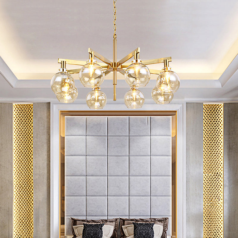Modern 8 Heads Ceiling Chandelier Gold Ball Hanging Light Fixture with Amber Glass Shade Gold Clearhalo 'Ceiling Lights' 'Chandeliers' 'Glass shade' 'Glass' 'Modern Chandeliers' 'Modern' Lighting' 324927