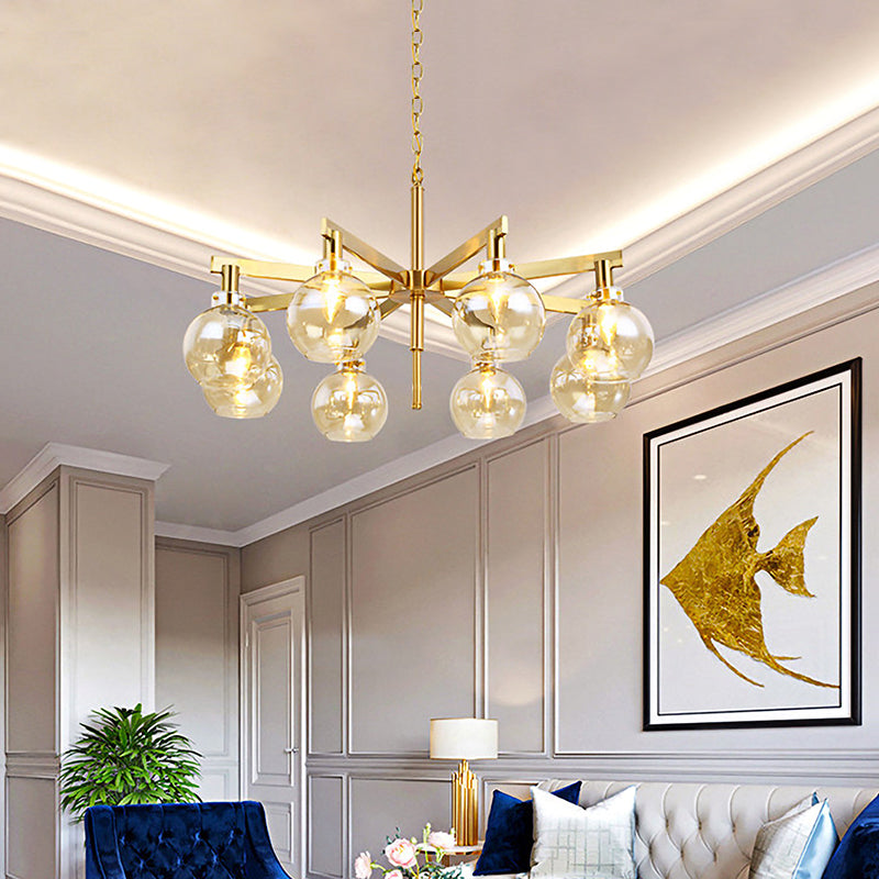Modern 8 Heads Ceiling Chandelier Gold Ball Hanging Light Fixture with Amber Glass Shade Clearhalo 'Ceiling Lights' 'Chandeliers' 'Glass shade' 'Glass' 'Modern Chandeliers' 'Modern' Lighting' 324928