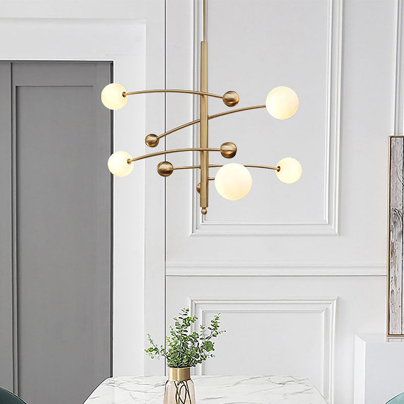 5 Bulbs Bedroom Chandelier Light Modern Gold Suspended Lighting Fixture with Ball Milk Glass Shade Gold Clearhalo 'Ceiling Lights' 'Chandeliers' 'Glass shade' 'Glass' 'Modern Chandeliers' 'Modern' Lighting' 324947