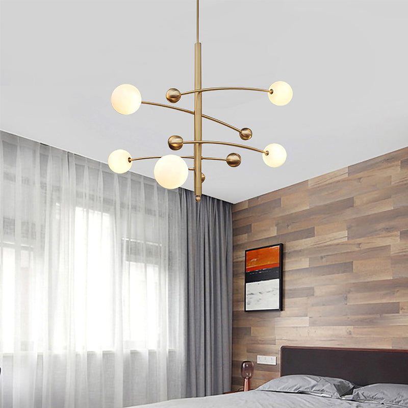 5 Bulbs Bedroom Chandelier Light Modern Gold Suspended Lighting Fixture with Ball Milk Glass Shade Clearhalo 'Ceiling Lights' 'Chandeliers' 'Glass shade' 'Glass' 'Modern Chandeliers' 'Modern' Lighting' 324948