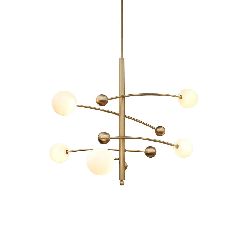 5 Bulbs Bedroom Chandelier Light Modern Gold Suspended Lighting Fixture with Ball Milk Glass Shade Clearhalo 'Ceiling Lights' 'Chandeliers' 'Glass shade' 'Glass' 'Modern Chandeliers' 'Modern' Lighting' 324949