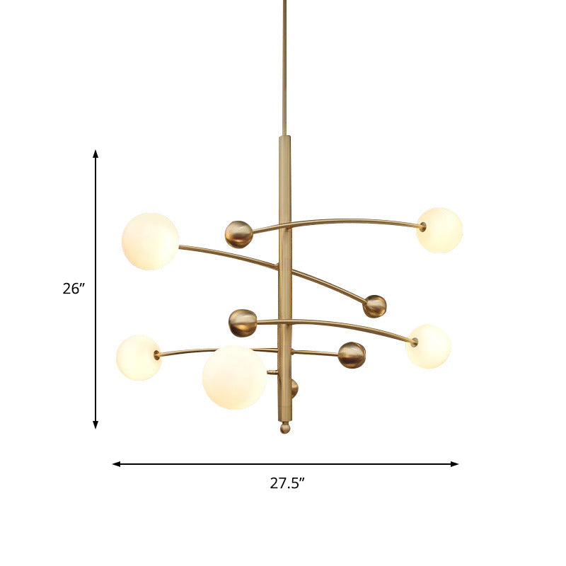 5 Bulbs Bedroom Chandelier Light Modern Gold Suspended Lighting Fixture with Ball Milk Glass Shade Clearhalo 'Ceiling Lights' 'Chandeliers' 'Glass shade' 'Glass' 'Modern Chandeliers' 'Modern' Lighting' 324950