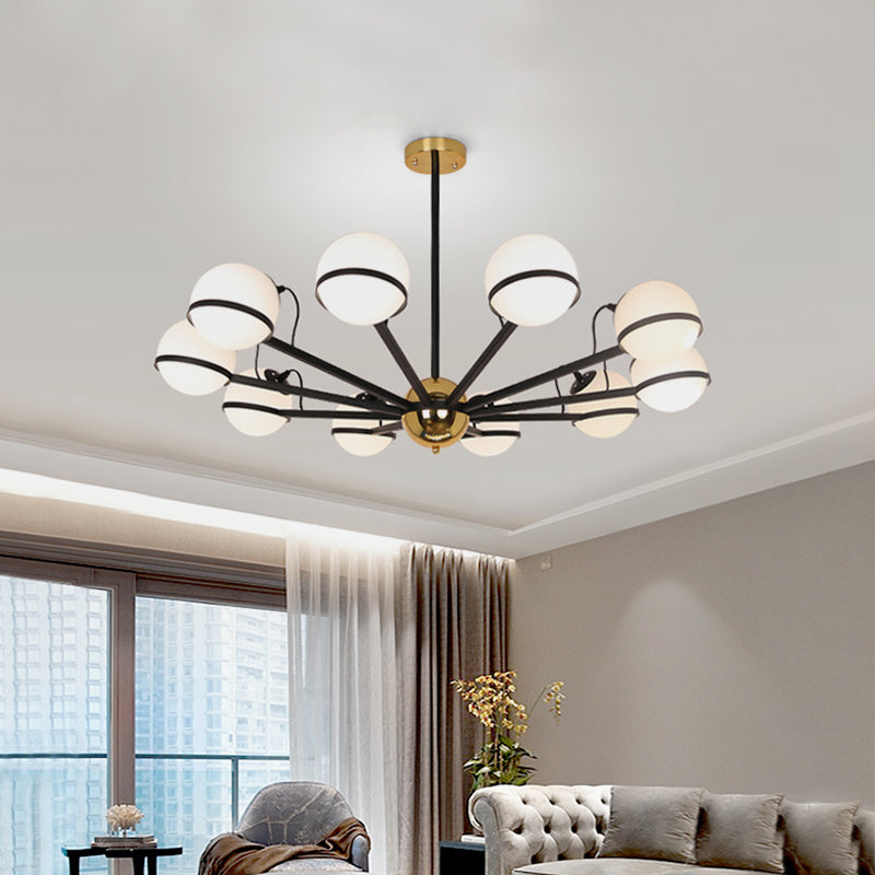 Modernist Round Hanging Chandelier Frosted White Glass 6/8/10 Bulbs Pendant Light Fixture in Black 10 Black Clearhalo 'Ceiling Lights' 'Chandeliers' 'Glass shade' 'Glass' 'Modern Chandeliers' 'Modern' Lighting' 324956