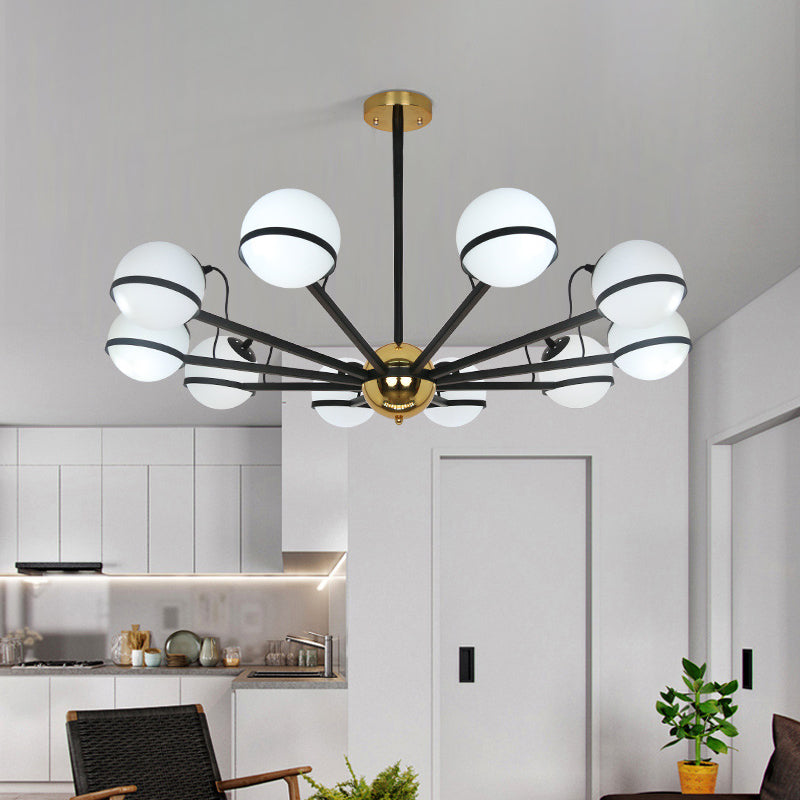 Modernist Round Hanging Chandelier Frosted White Glass 6/8/10 Bulbs Pendant Light Fixture in Black Clearhalo 'Ceiling Lights' 'Chandeliers' 'Glass shade' 'Glass' 'Modern Chandeliers' 'Modern' Lighting' 324957