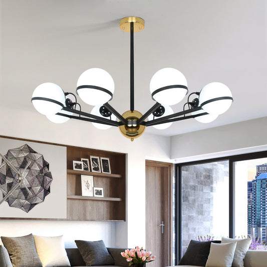 Modernist Round Hanging Chandelier Frosted White Glass 6/8/10 Bulbs Pendant Light Fixture in Black 8 Black Clearhalo 'Ceiling Lights' 'Chandeliers' 'Glass shade' 'Glass' 'Modern Chandeliers' 'Modern' Lighting' 324960