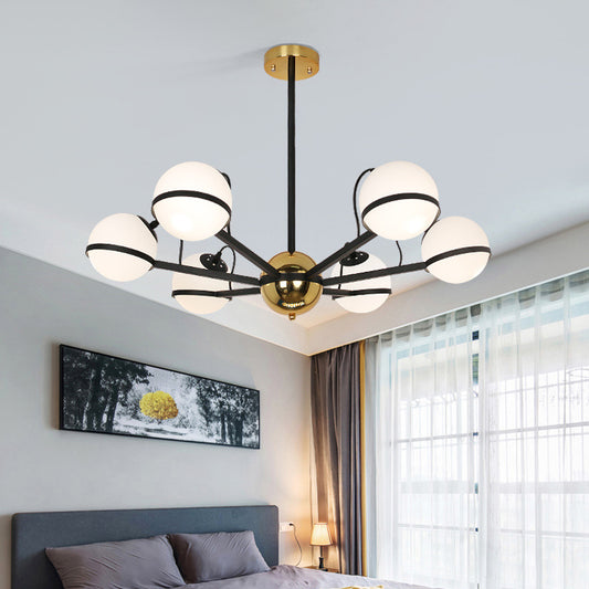 Modernist Round Hanging Chandelier Frosted White Glass 6/8/10 Bulbs Pendant Light Fixture in Black 6 Black Clearhalo 'Ceiling Lights' 'Chandeliers' 'Glass shade' 'Glass' 'Modern Chandeliers' 'Modern' Lighting' 324963