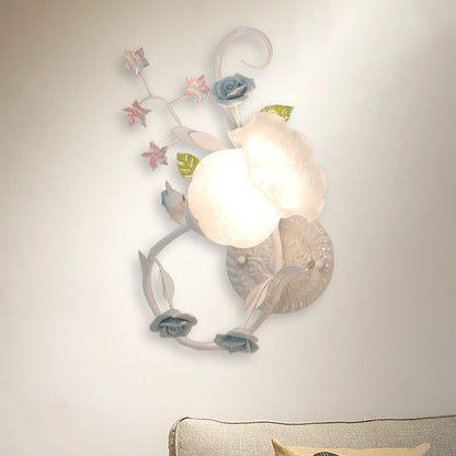 Cream Glass Blossom Wall Mounted Lamp Countryside 1 Head Living Room Sconce Light Fixture in White/Pink, Left/Right White Right Clearhalo 'Wall Lamps & Sconces' 'Wall Lights' Lighting' 325011
