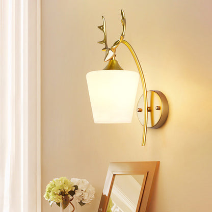 Conical Sconce Modern Opal Glass 1 Head Gold Wall Mount Light Fixture with Metal Elk Gold Clearhalo 'Cast Iron' 'Glass' 'Industrial' 'Modern wall lights' 'Modern' 'Tiffany' 'Traditional wall lights' 'Wall Lamps & Sconces' 'Wall Lights' Lighting' 325061