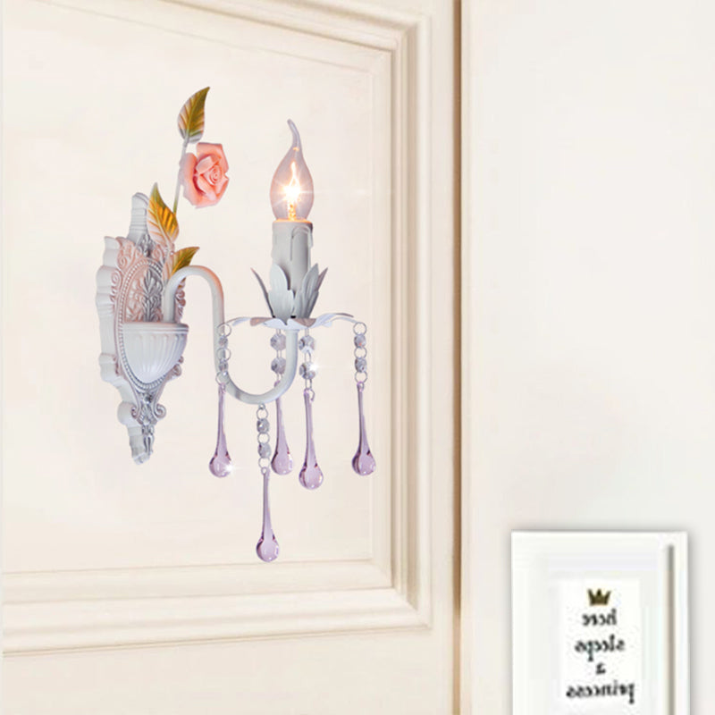 1 Bulb Wall Sconce Traditional Candlestick Faceted Crystal Wall Light Fixture in White/Green for Living Room White Clearhalo 'Wall Lamps & Sconces' 'Wall Lights' Lighting' 325077