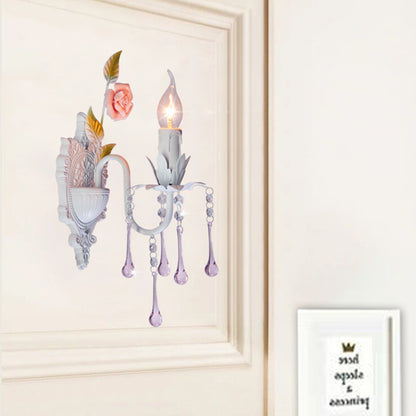 1 Bulb Wall Sconce Traditional Candlestick Faceted Crystal Wall Light Fixture in White/Green for Living Room White Clearhalo 'Wall Lamps & Sconces' 'Wall Lights' Lighting' 325077