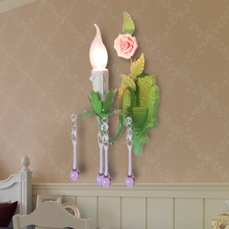 1 Bulb Wall Sconce Traditional Candlestick Faceted Crystal Wall Light Fixture in White/Green for Living Room Green Clearhalo 'Wall Lamps & Sconces' 'Wall Lights' Lighting' 325082