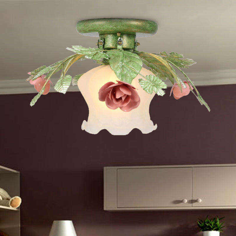 Flower Bedroom Semi-Flush Mount Traditional Frosted Glass 1 Bulb Green Close to Ceiling Lighting Fixture Clearhalo 'Ceiling Lights' 'Close To Ceiling Lights' 'Close to ceiling' 'Glass shade' 'Glass' 'Semi-flushmount' Lighting' 325096