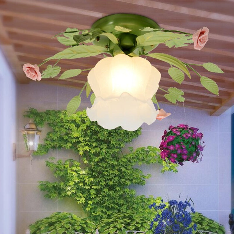Flower Bedroom Semi-Flush Mount Traditional Frosted Glass 1 Bulb Green Close to Ceiling Lighting Fixture Clearhalo 'Ceiling Lights' 'Close To Ceiling Lights' 'Close to ceiling' 'Glass shade' 'Glass' 'Semi-flushmount' Lighting' 325097