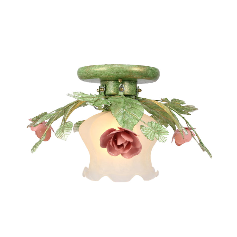 Flower Bedroom Semi-Flush Mount Traditional Frosted Glass 1 Bulb Green Close to Ceiling Lighting Fixture Clearhalo 'Ceiling Lights' 'Close To Ceiling Lights' 'Close to ceiling' 'Glass shade' 'Glass' 'Semi-flushmount' Lighting' 325098