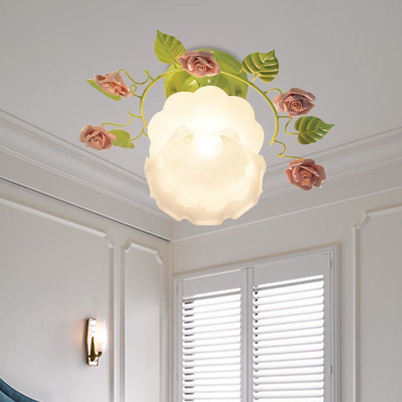 Green 1 Head Semi Flush Light Traditionalism Sandblasted Glass Rose Ceiling Fixture for Living Room Green Clearhalo 'Ceiling Lights' 'Close To Ceiling Lights' 'Close to ceiling' 'Glass shade' 'Glass' 'Semi-flushmount' Lighting' 325100