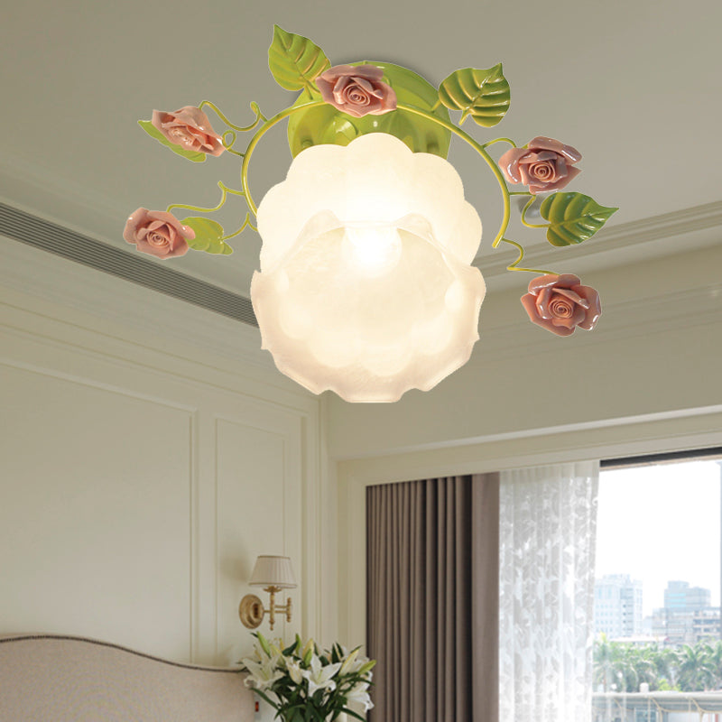 Green 1 Head Semi Flush Light Traditionalism Sandblasted Glass Rose Ceiling Fixture for Living Room