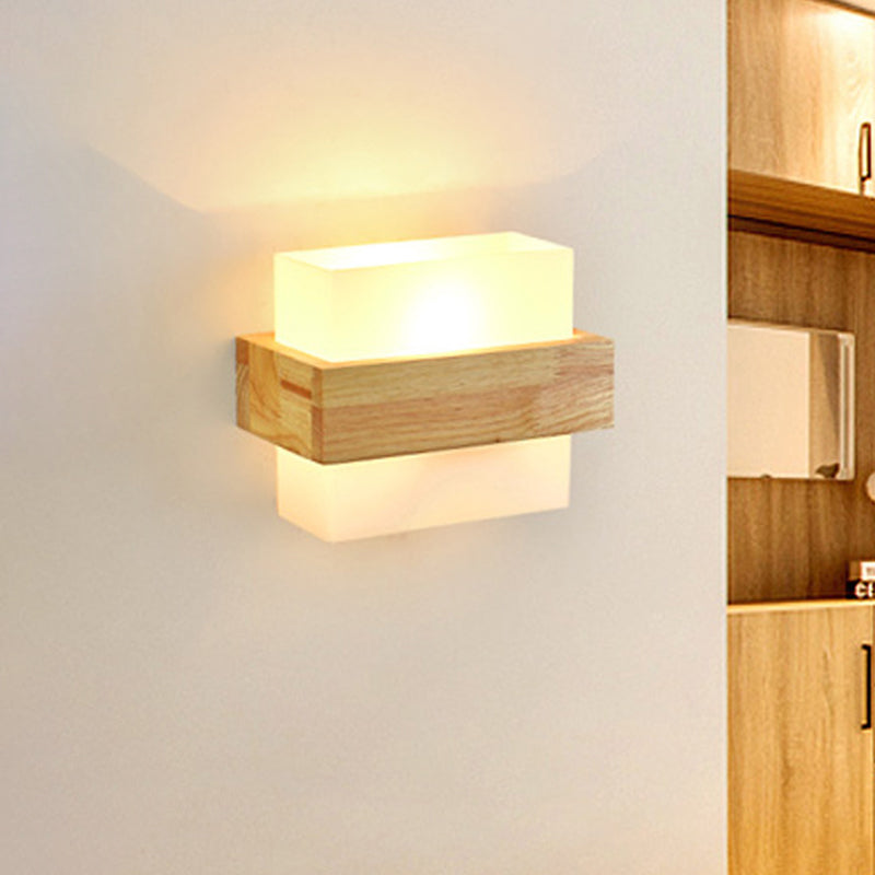 Wood Rectangle Wall Lamp Modernist 1 Head Beige Sconce Light Fixture with White Glass Shade Wood Clearhalo 'Wall Lamps & Sconces' 'Wall Lights' Lighting' 325110