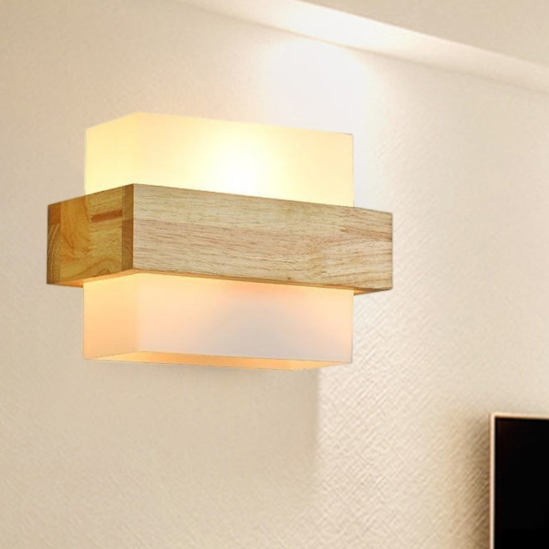Wood Rectangle Wall Lamp Modernist 1 Head Beige Sconce Light Fixture with White Glass Shade Clearhalo 'Wall Lamps & Sconces' 'Wall Lights' Lighting' 325111