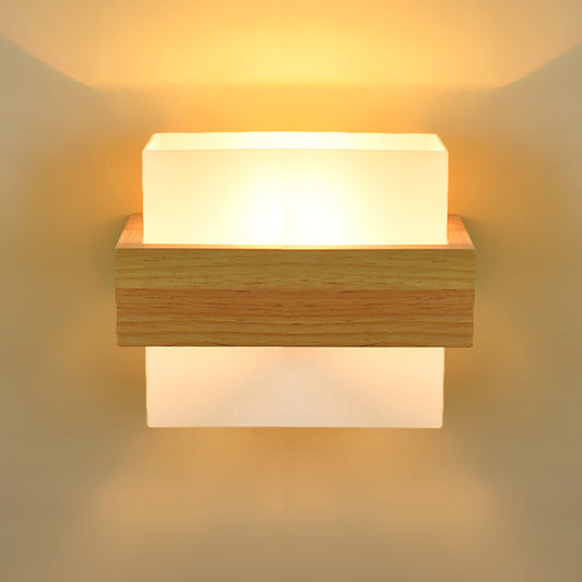 Wood Rectangle Wall Lamp Modernist 1 Head Beige Sconce Light Fixture with White Glass Shade Clearhalo 'Wall Lamps & Sconces' 'Wall Lights' Lighting' 325112