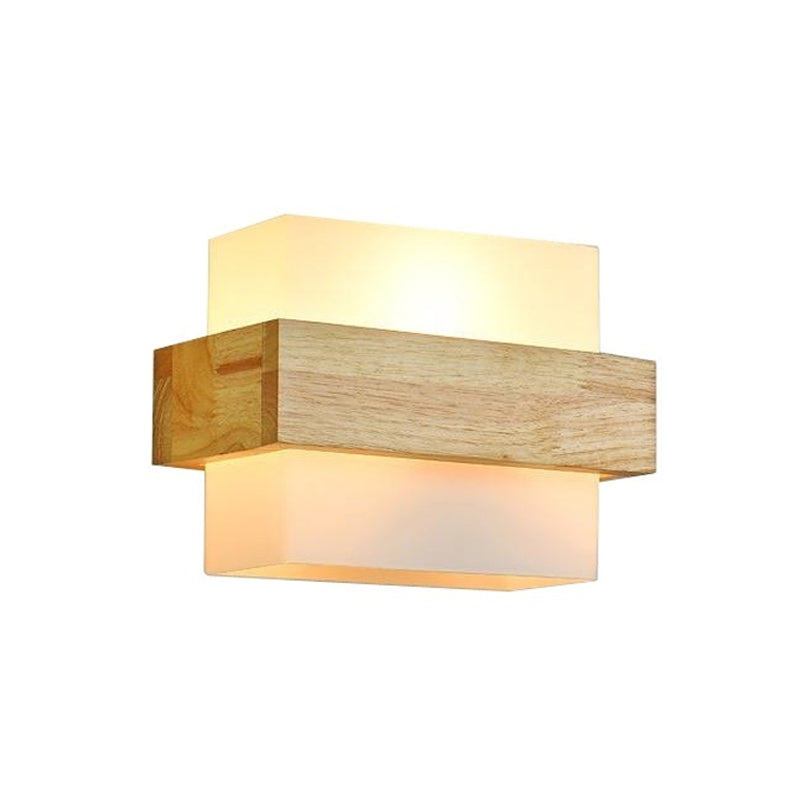 Wood Rectangle Wall Lamp Modernist 1 Head Beige Sconce Light Fixture with White Glass Shade Clearhalo 'Wall Lamps & Sconces' 'Wall Lights' Lighting' 325113