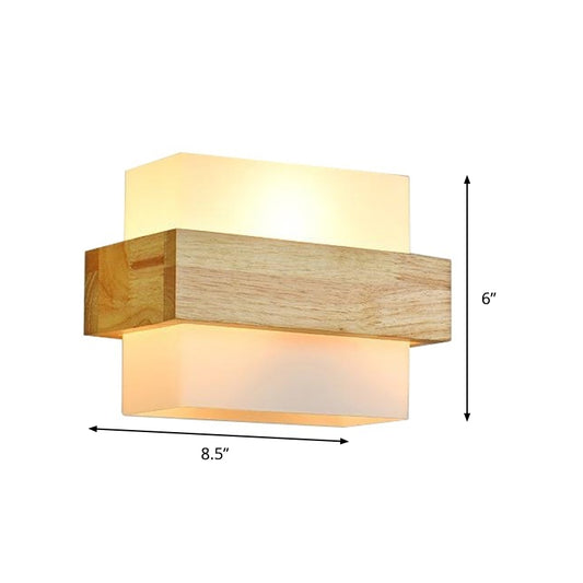 Wood Rectangle Wall Lamp Modernist 1 Head Beige Sconce Light Fixture with White Glass Shade Clearhalo 'Wall Lamps & Sconces' 'Wall Lights' Lighting' 325114