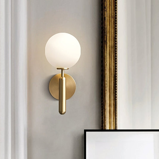 Milky Glass Ball Sconce Contemporary 1 Head Brass Wall Mount Light Fixture with Metal Pencil Arm Brass Clearhalo 'Cast Iron' 'Glass' 'Industrial' 'Modern wall lights' 'Modern' 'Tiffany' 'Traditional wall lights' 'Wall Lamps & Sconces' 'Wall Lights' Lighting' 325129