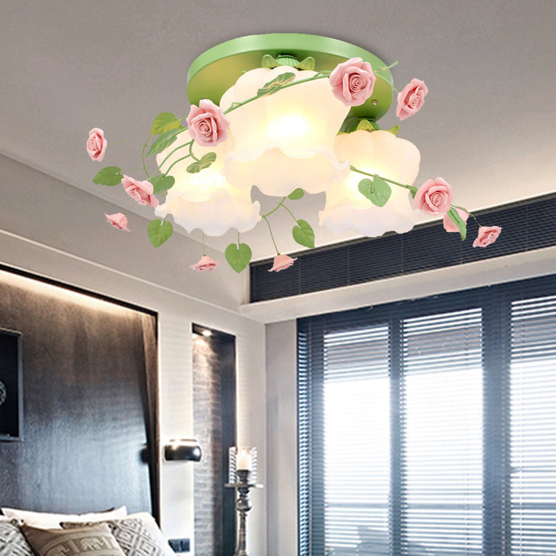 Opal Glass Bloom Ceiling Lighting Countryside 3 Heads Bedroom Flush Mount Fixture in White/Green - Green - Clearhalo - 'Ceiling Lights' - 'Close To Ceiling Lights' - 'Close to ceiling' - 'Flush mount' - Lighting' - 325134