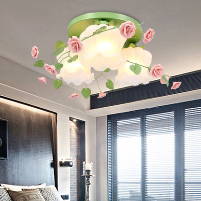Opal Glass Bloom Ceiling Lighting Countryside 3 Heads Bedroom Flush Mount Fixture in White/Green Green Clearhalo 'Ceiling Lights' 'Close To Ceiling Lights' 'Close to ceiling' 'Flush mount' Lighting' 325134