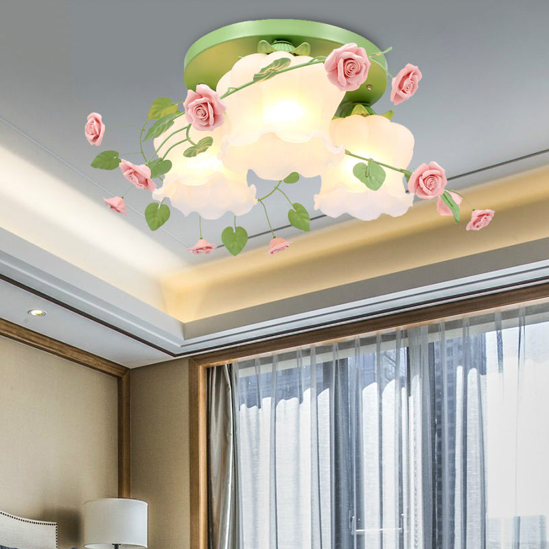 Opal Glass Bloom Ceiling Lighting Countryside 3 Heads Bedroom Flush Mount Fixture in White/Green - Clearhalo - 'Ceiling Lights' - 'Close To Ceiling Lights' - 'Close to ceiling' - 'Flush mount' - Lighting' - 325135