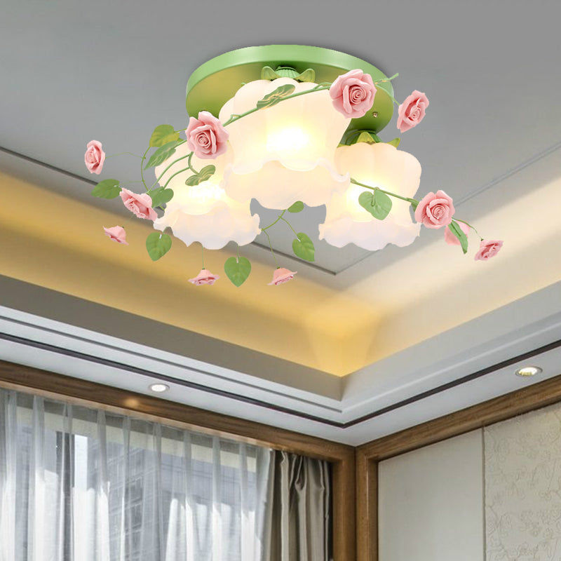 Opal Glass Bloom Ceiling Lighting Countryside 3 Heads Bedroom Flush Mount Fixture in White/Green - Clearhalo - 'Ceiling Lights' - 'Close To Ceiling Lights' - 'Close to ceiling' - 'Flush mount' - Lighting' - 325136