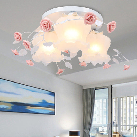 Opal Glass Bloom Ceiling Lighting Countryside 3 Heads Bedroom Flush Mount Fixture in White/Green White Clearhalo 'Ceiling Lights' 'Close To Ceiling Lights' 'Close to ceiling' 'Flush mount' Lighting' 325139