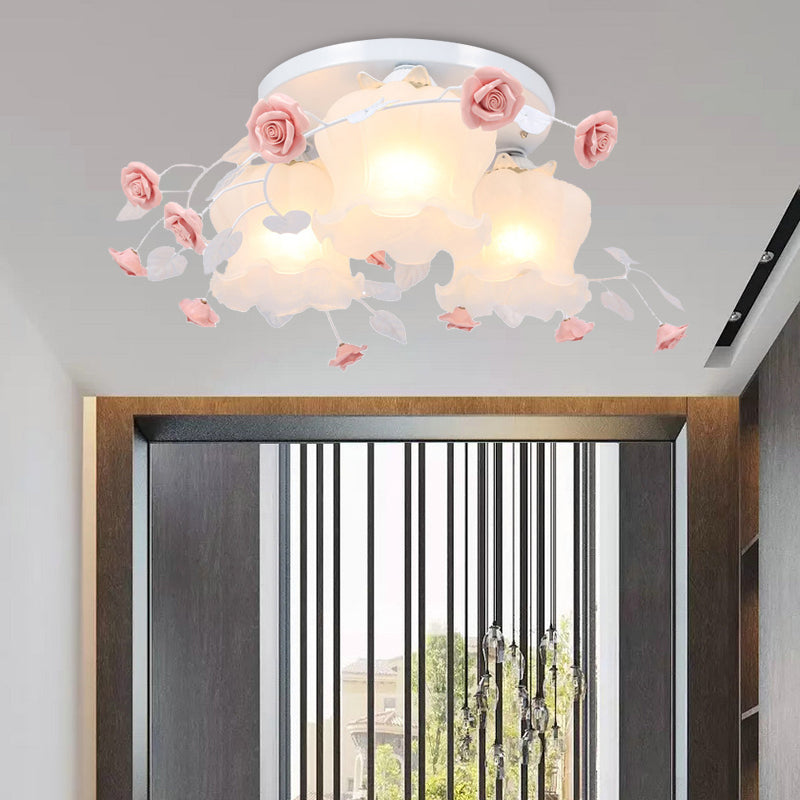 Opal Glass Bloom Ceiling Lighting Countryside 3 Heads Bedroom Flush Mount Fixture in White/Green - Clearhalo - 'Ceiling Lights' - 'Close To Ceiling Lights' - 'Close to ceiling' - 'Flush mount' - Lighting' - 325140