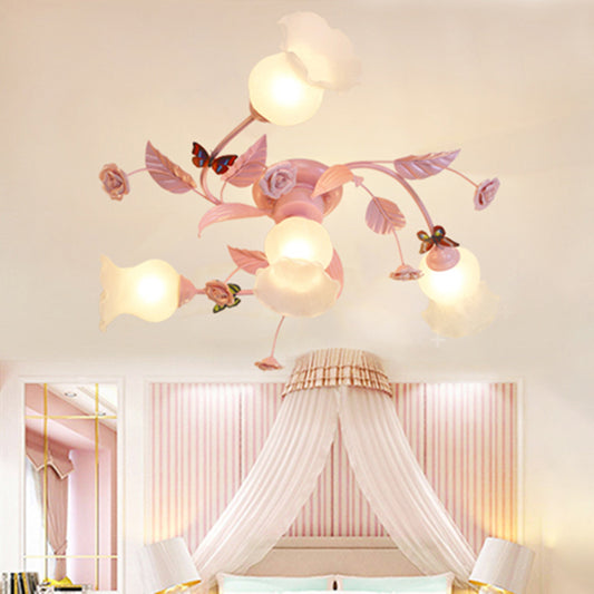 4/7 Bulbs Spiral Ceiling Light Fixture Traditional Pink Satin Opal Glass Semi Flush Mount Lighting for Bedroom 4 Pink Clearhalo 'Ceiling Lights' 'Chandeliers' 'Close To Ceiling Lights' 'Close to ceiling' 'Glass shade' 'Glass' 'Semi-flushmount' Lighting' 325167