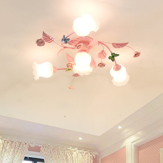 4/7 Bulbs Spiral Ceiling Light Fixture Traditional Pink Satin Opal Glass Semi Flush Mount Lighting for Bedroom Clearhalo 'Ceiling Lights' 'Chandeliers' 'Close To Ceiling Lights' 'Close to ceiling' 'Glass shade' 'Glass' 'Semi-flushmount' Lighting' 325169