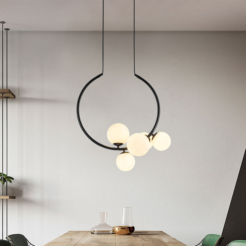 Modern 5 Bulbs Chandelier Light White/Black Orb Ceiling Suspension Lamp with Milky Glass Shade Clearhalo 'Ceiling Lights' 'Chandeliers' 'Close To Ceiling Lights' 'Glass shade' 'Glass' 'Modern Chandeliers' 'Modern' Lighting' 325177