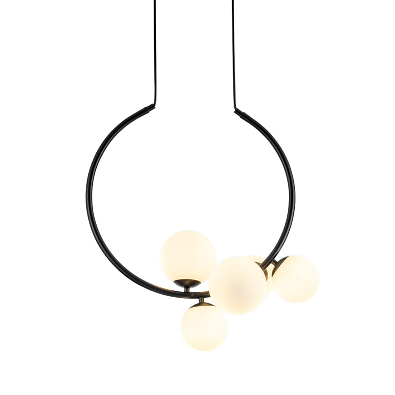 Modern 5 Bulbs Chandelier Light White/Black Orb Ceiling Suspension Lamp with Milky Glass Shade Clearhalo 'Ceiling Lights' 'Chandeliers' 'Close To Ceiling Lights' 'Glass shade' 'Glass' 'Modern Chandeliers' 'Modern' Lighting' 325178