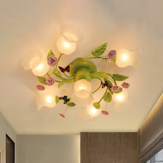 Spiral Bedroom Semi-Flush Mount Traditional Opaque Glass 4/7 Bulbs Green Ceiling Light Fixture 7 Green Clearhalo 'Ceiling Lights' 'Chandeliers' 'Close To Ceiling Lights' 'Close to ceiling' 'Glass shade' 'Glass' 'Island Lights' 'Semi-flushmount' Lighting' 325187