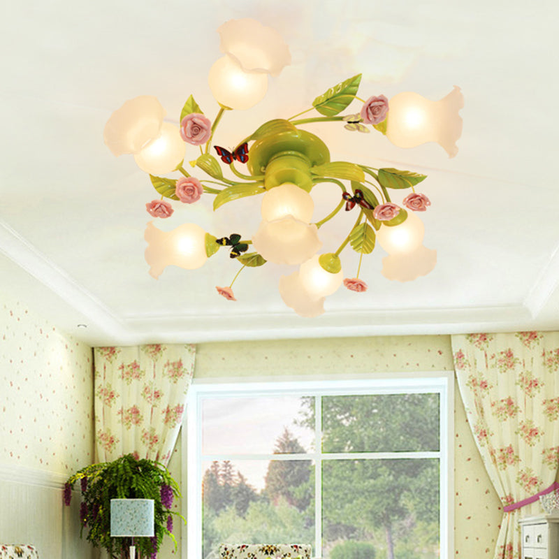 Spiral Bedroom Semi-Flush Mount Traditional Opaque Glass 4/7 Bulbs Green Ceiling Light Fixture Clearhalo 'Ceiling Lights' 'Chandeliers' 'Close To Ceiling Lights' 'Close to ceiling' 'Glass shade' 'Glass' 'Island Lights' 'Semi-flushmount' Lighting' 325188