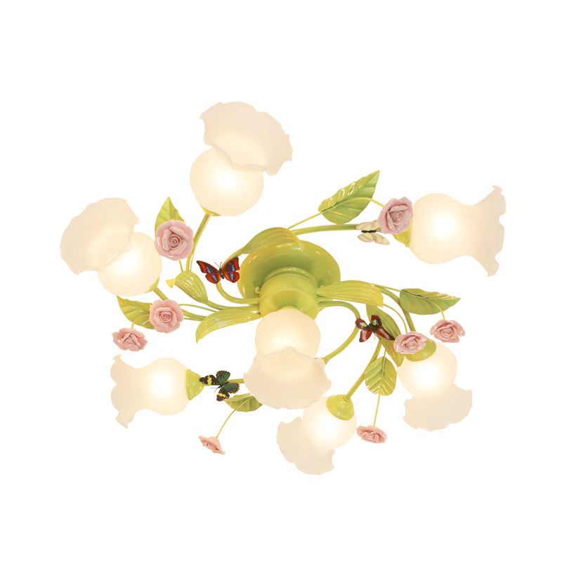 Spiral Bedroom Semi-Flush Mount Traditional Opaque Glass 4/7 Bulbs Green Ceiling Light Fixture Clearhalo 'Ceiling Lights' 'Chandeliers' 'Close To Ceiling Lights' 'Close to ceiling' 'Glass shade' 'Glass' 'Island Lights' 'Semi-flushmount' Lighting' 325189