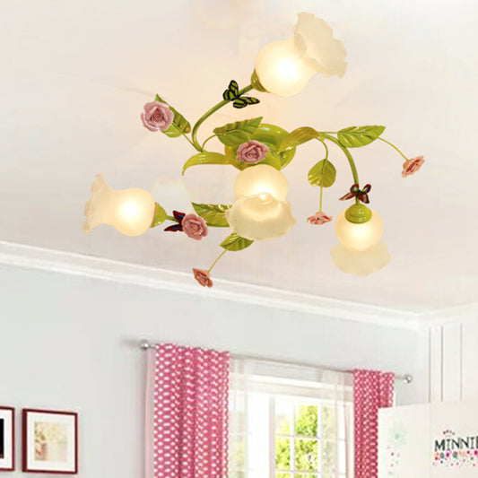 Spiral Bedroom Semi-Flush Mount Traditional Opaque Glass 4/7 Bulbs Green Ceiling Light Fixture 4 Green Clearhalo 'Ceiling Lights' 'Chandeliers' 'Close To Ceiling Lights' 'Close to ceiling' 'Glass shade' 'Glass' 'Island Lights' 'Semi-flushmount' Lighting' 325192