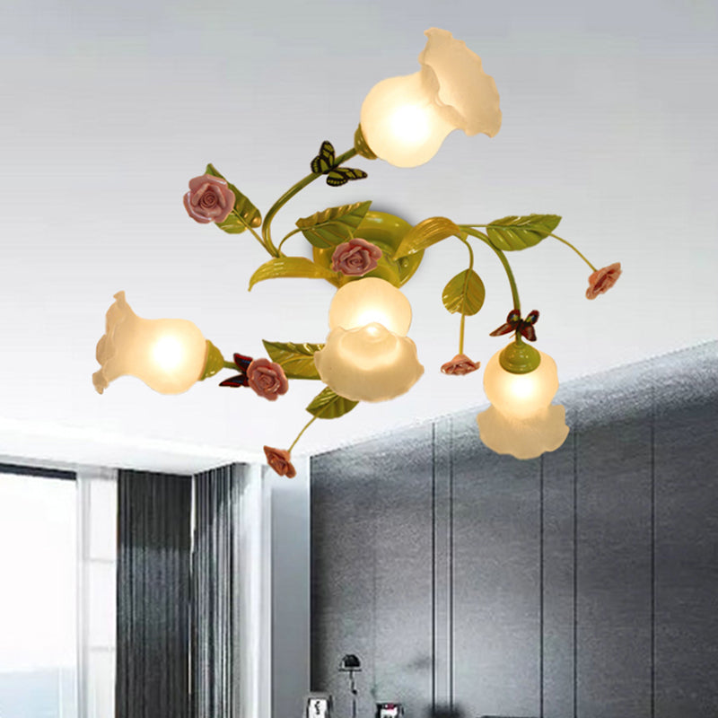 Spiral Bedroom Semi-Flush Mount Traditional Opaque Glass 4/7 Bulbs Green Ceiling Light Fixture Clearhalo 'Ceiling Lights' 'Chandeliers' 'Close To Ceiling Lights' 'Close to ceiling' 'Glass shade' 'Glass' 'Island Lights' 'Semi-flushmount' Lighting' 325193