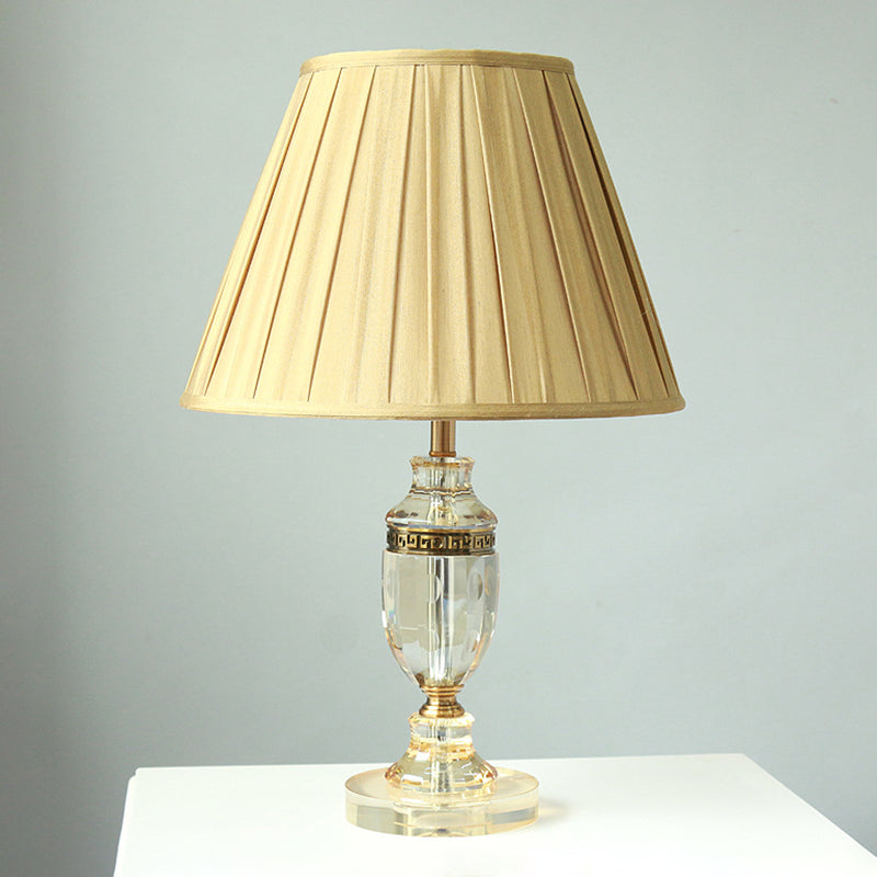 Fabric Beige Table Lamp Gathered Empire Shade Single Bulb Countryside Night Light with Crystal Base Beige Clearhalo 'Lamps' 'Table Lamps' Lighting' 325274