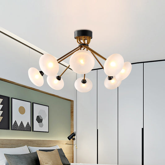 Frosted Glass Circle Semi Flush Light Modern 8/10 Bulbs Black and Gold Ceiling Mounted Fixture 8 Black-Gold Clearhalo 'Ceiling Lights' 'Chandeliers' 'Close To Ceiling Lights' 'Close to ceiling' 'Glass shade' 'Glass' 'Semi-flushmount' Lighting' 325312