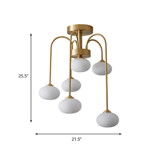 Milky Glass Oval Semi Flush Modernist 4/6 Heads Gold Ceiling Mount Light Fixture with Metal Curvy Arm Clearhalo 'Ceiling Lights' 'Close To Ceiling Lights' 'Close to ceiling' 'Glass shade' 'Glass' 'Semi-flushmount' Lighting' 325420