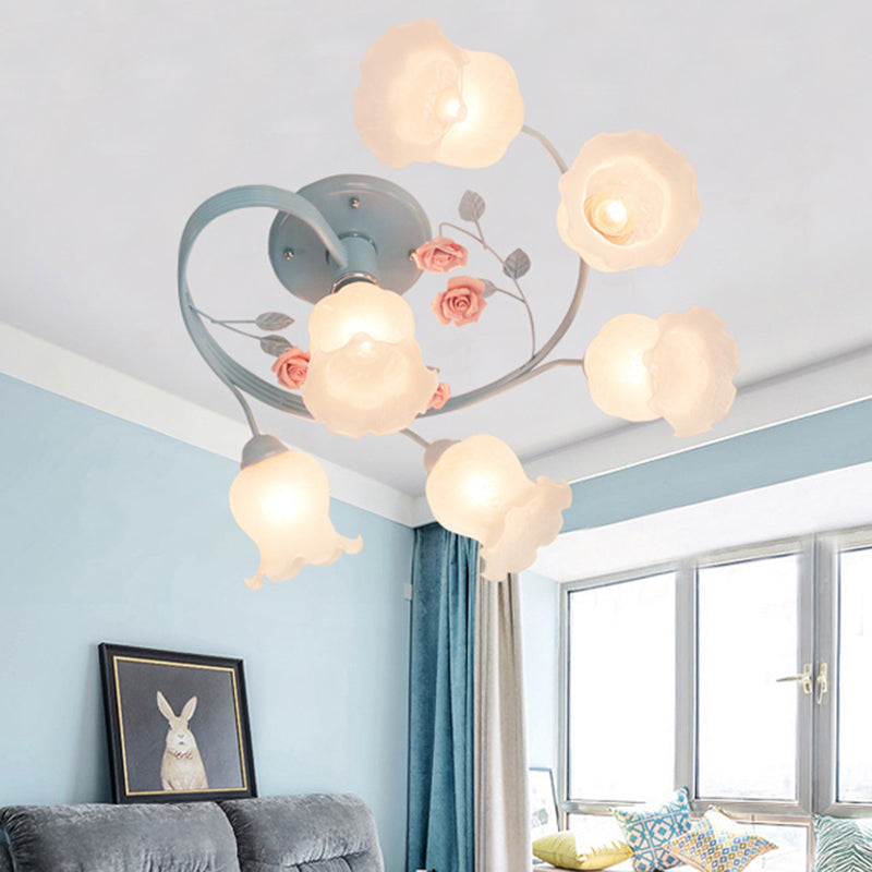 Ivory Glass Spiral Ceiling Lighting Pastoral 6 Heads Living Room Semi Flush Mount Light Fixture in Blue/Pink Blue Clearhalo 'Ceiling Lights' 'Chandeliers' 'Close To Ceiling Lights' 'Close to ceiling' 'Glass shade' 'Glass' 'Semi-flushmount' Lighting' 325424
