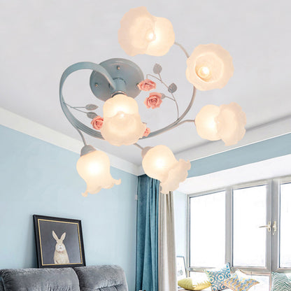 Ivory Glass Spiral Ceiling Lighting Pastoral 6 Heads Living Room Semi Flush Mount Light Fixture in Blue/Pink Blue Clearhalo 'Ceiling Lights' 'Chandeliers' 'Close To Ceiling Lights' 'Close to ceiling' 'Glass shade' 'Glass' 'Semi-flushmount' Lighting' 325424