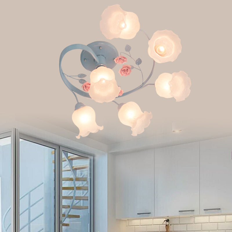 Ivory Glass Spiral Ceiling Lighting Pastoral 6 Heads Living Room Semi Flush Mount Light Fixture in Blue/Pink Clearhalo 'Ceiling Lights' 'Chandeliers' 'Close To Ceiling Lights' 'Close to ceiling' 'Glass shade' 'Glass' 'Semi-flushmount' Lighting' 325425